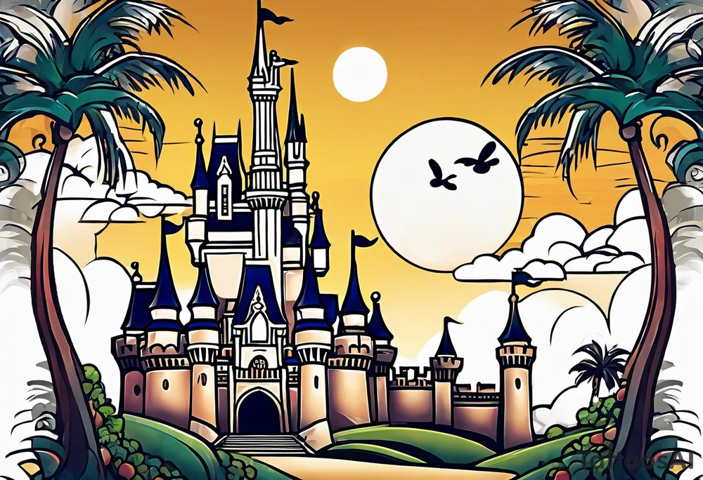 disney world castle with 
mickey mouse holding a knife in one hand and a stick in the other hand with palm trees and the celtic symbol for family tattoo idea
