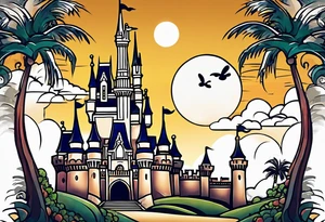 disney world castle with 
mickey mouse holding a knife in one hand and a stick in the other hand with palm trees and the celtic symbol for family tattoo idea