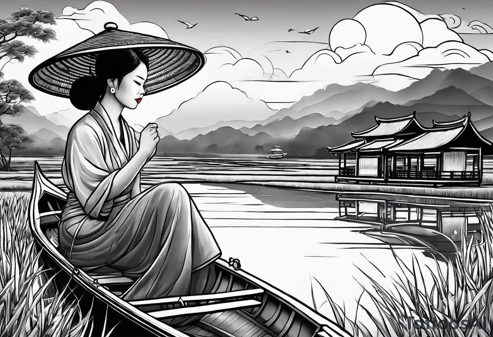 vietnamese lady on boat rice fields water sunset home clouds lanterns tattoo idea