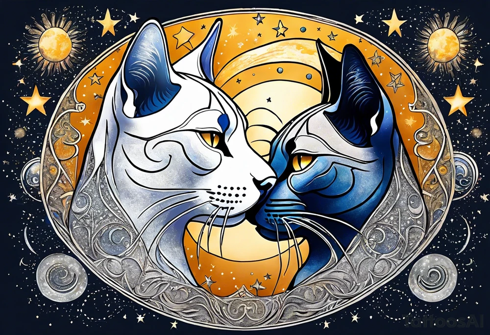 Sun and moon face romantic kiss or hug
With a pawprint pathway going to 2 cat and pitbull dog face surrounded with intergalactic Stars and infinite love bond tattoo idea