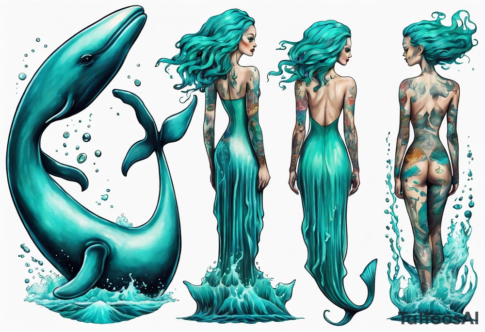 a tall woman made of water with turquoise hair standing on the back of a whale tattoo idea
