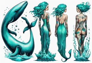 a tall woman made of water with turquoise hair standing on the back of a whale tattoo idea