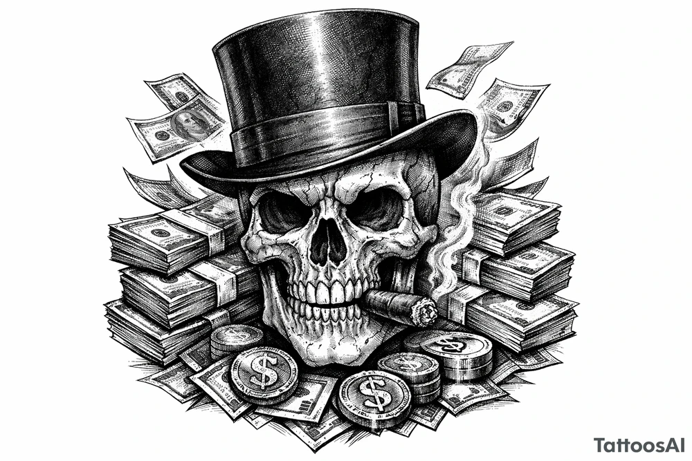 skull with cigar in mouth,top-hat,surrounded by money. tattoo idea
