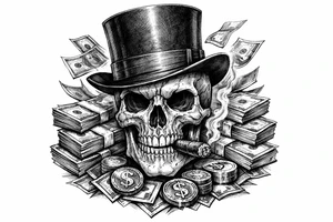 skull with cigar in mouth,top-hat,surrounded by money. tattoo idea