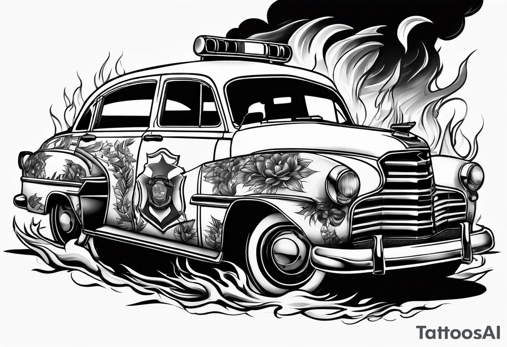 destroyed police car on fire tattoo idea