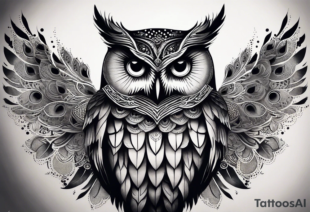 “A wise owl perched on a branch, with large, expressive eyes and intricate feather patterns, representing wisdom tattoo idea