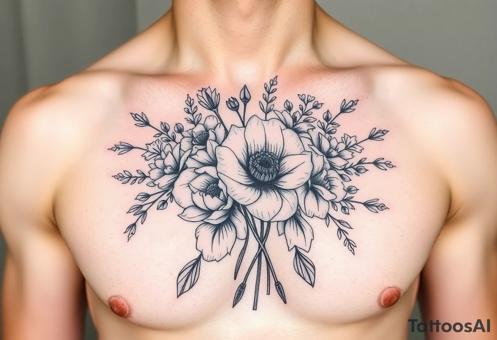 vintage bouquet of wild roses and meadow flowers with morning dew tattoo idea