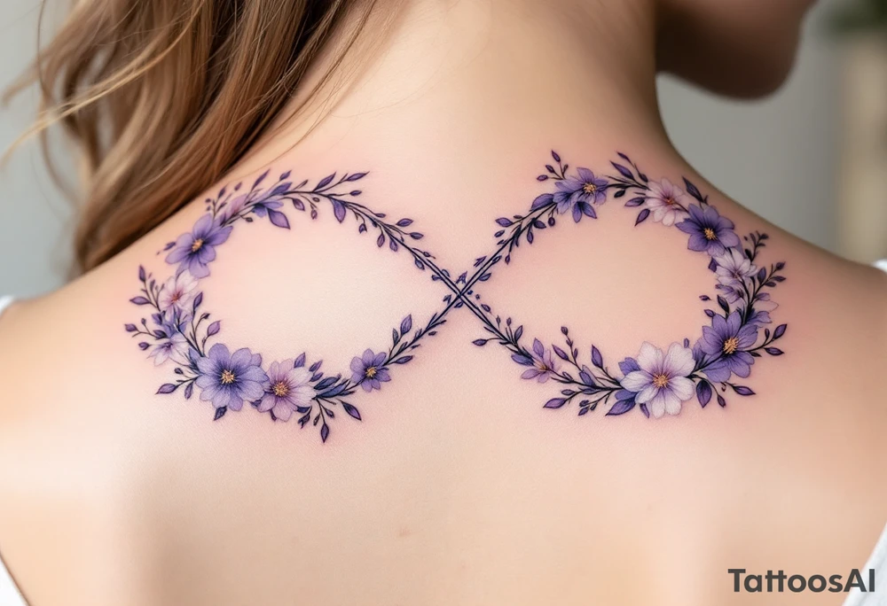 Floral infinity sign incorporating "Sofie – 8.6.2021 v 11:20" in lavender and soft beige. tattoo idea