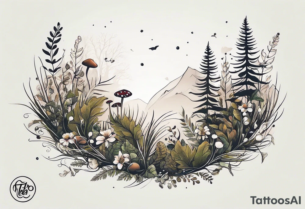 minimalistic forest floor inspired tattoo, which includes grass, moss, curly ferns and dead leaves as the bulk of the tattoo. details to include: forest berries, couple of very small brown mushrooms, a tiny bumblebee flying nearby tattoo idea