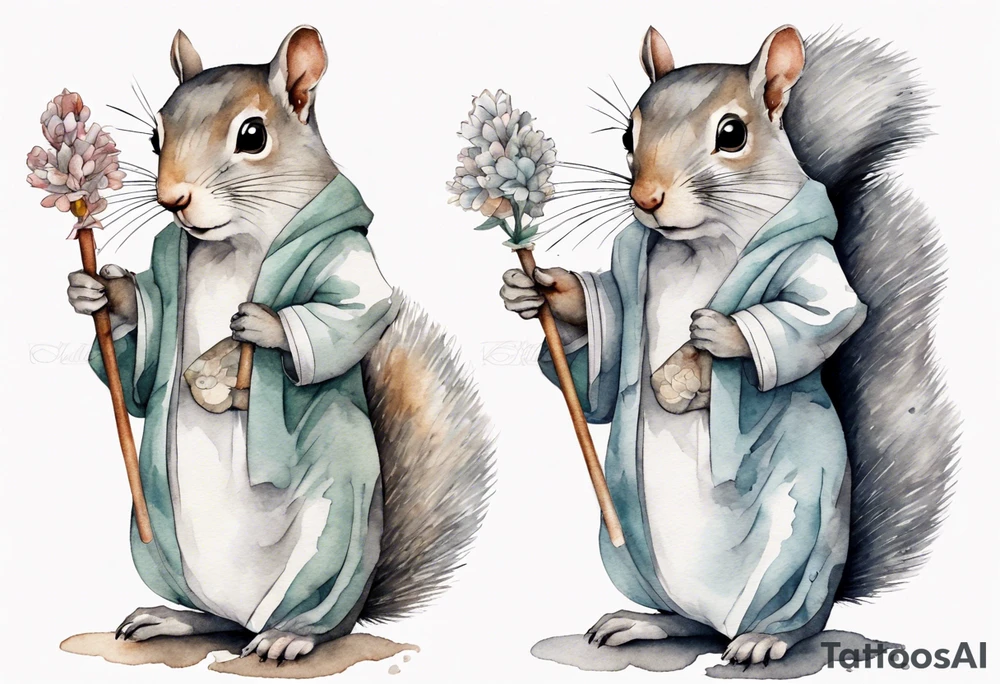 a sad grey squirrel dressed in a tunic holding a large silver stick tattoo idea