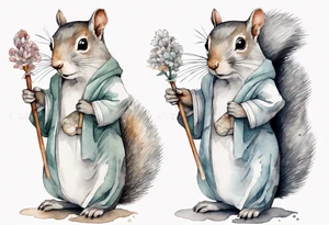 a sad grey squirrel dressed in a tunic holding a large silver stick tattoo idea