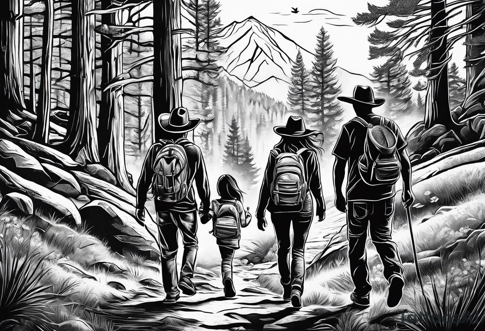 A family of four walking through the Pacific Northwest Forrest. Mexican art. Trust in God tattoo idea