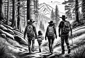 A family of four walking through the Pacific Northwest Forrest. Mexican art. Trust in God tattoo idea