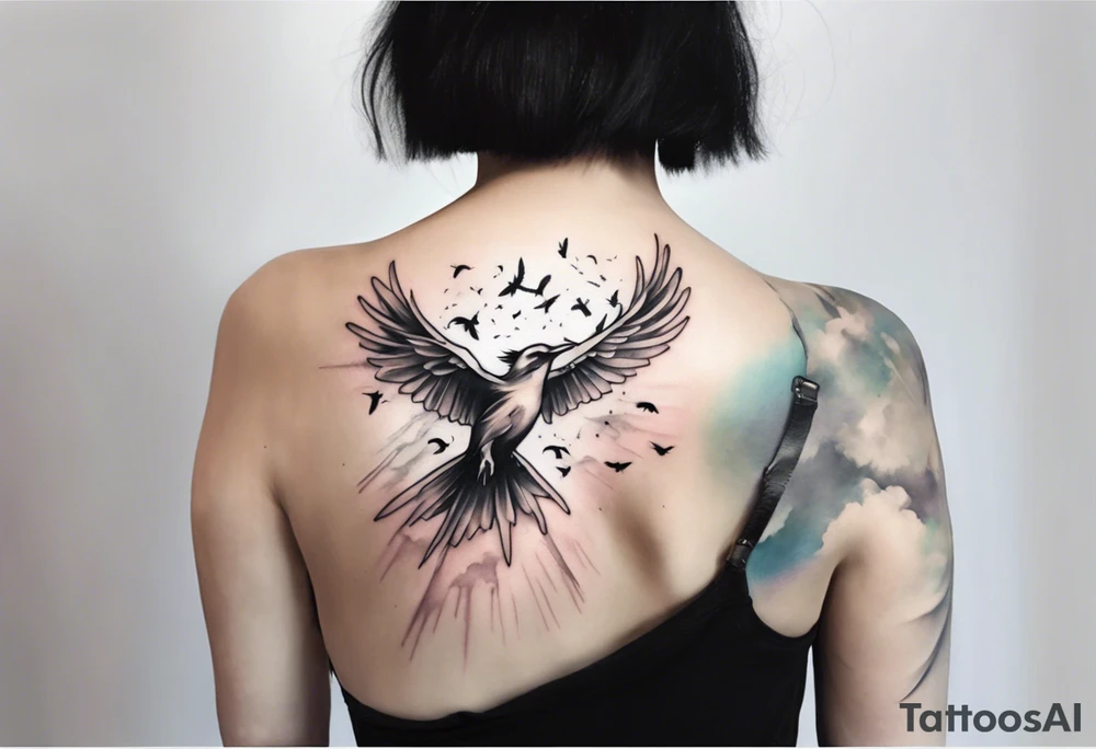 a shoulder tattoo with lots of rays of light in gradient starting from the middle
, clouds and birds flying free tattoo idea