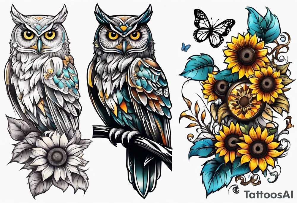 Small owl with butterfly and sunflower leg sleeve tattoo idea