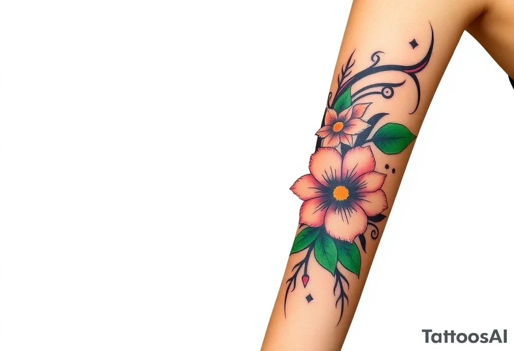 Fore arm tattoo in the neo american traditional style. I want to incorporate a few different flowers: Poppies, Morning Glory, Narcissus with green leaves in the background tattoo idea