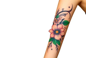 Fore arm tattoo in the neo american traditional style. I want to incorporate a few different flowers: Poppies, Morning Glory, Narcissus with green leaves in the background tattoo idea