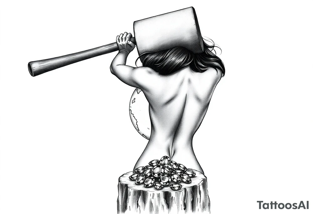 pin up girl wearing a g string thong, the pin up girl is swinging a very large headed mallet overhead onto a small version of the earth globe, the earth globe is on top of a tree stump, the earth globe is in contact with the  mallet and being compressed by the mallet, the earth globe is being squashed and half way flattened as the mallet hits it, at the base of the stump is a pile of diamonds. Her short shorts are not covering her butt all the way. She is facing me with her breast bare and out. tattoo idea
