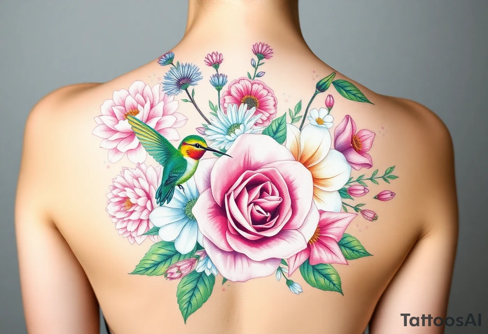 Bouquet of flowers With pastel carnation, Aster, rose, Lily, two Larkspur,  narciussus, And two little hummingbirds. tattoo idea