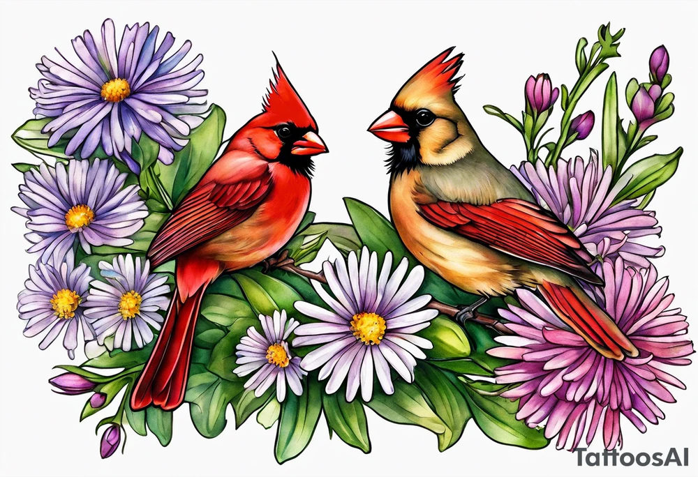 Aster flowers and sea rocket flowers with a cardinal around the words Dad tattoo idea