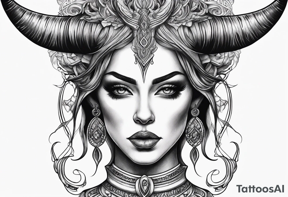 symmetrical beautiful horror woman head with curved horns facing downwards dark realism looking front facing view tattoo idea
