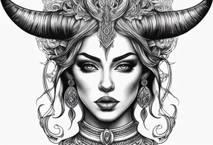 symmetrical beautiful horror woman head with curved horns facing downwards dark realism looking front facing view tattoo idea