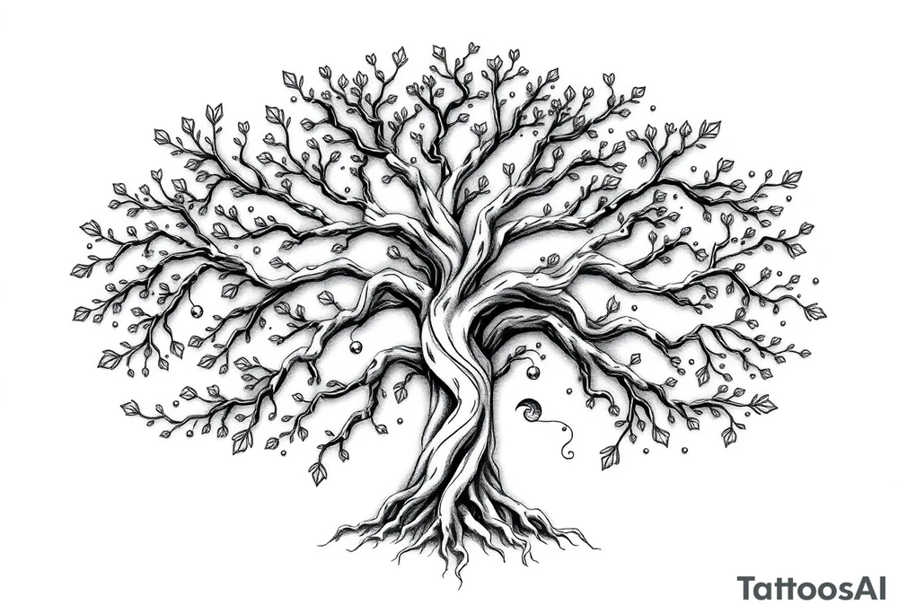 mystical tree of life with cosmic roots and celestial branches tattoo idea