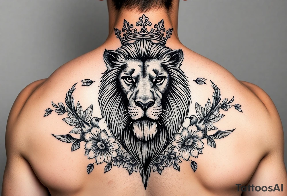 powerful majestic lion with a crown, surrounded by floral ornaments and birds tattoo idea