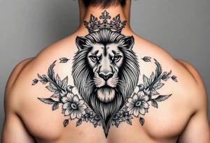 powerful majestic lion with a crown, surrounded by floral ornaments and birds tattoo idea