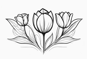 two tulips either side with a sunflower in the middle with some leaves and surrounded by some small dots tattoo idea