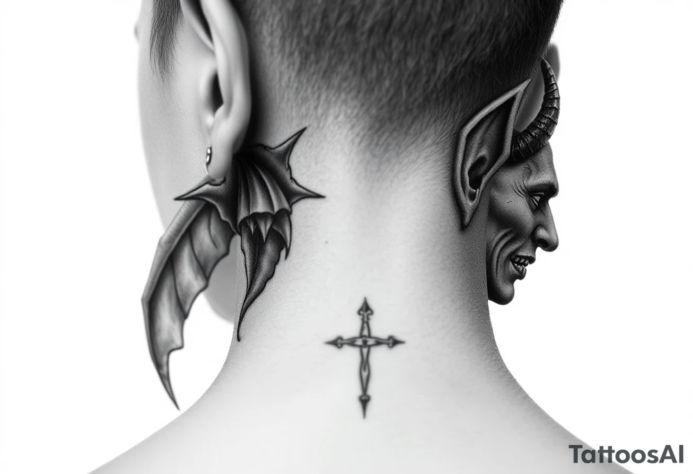 position behind the neck Angel (on the right) whispering in the right ear, demon (on the left) whispering in the left ear tattoo idea