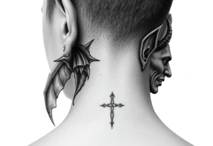 position behind the neck Angel (on the right) whispering in the right ear, demon (on the left) whispering in the left ear tattoo idea