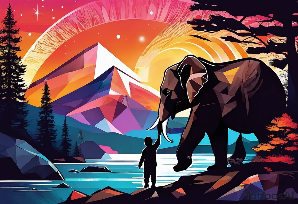 I need to create a sleeve tattoo from shoulder to wrist. The design should include space, stars, forest, sunset, mountains, cliffs, waterfall, water, ocean, wild animals (bear, wolves, elephant), and inserts of triangles and geometric figures. I have two children – a son, Sergei (the eldest), and a daughter, Anna, who live with me and my wife. But I also have another daughter, Marianna, whom I haven't seen for a long time and eagerly await to meet. The tattoo should symbolize love and protection for my children and family, the desire to secure their future, and confidence in tomorrow. It should reflect the notion of not looking back, but always moving forward and achieving goals! tattoo idea