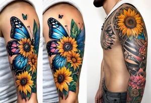 arm sleeve with dreamcatcher, rainbow sunflowers and one butterfly tattoo idea