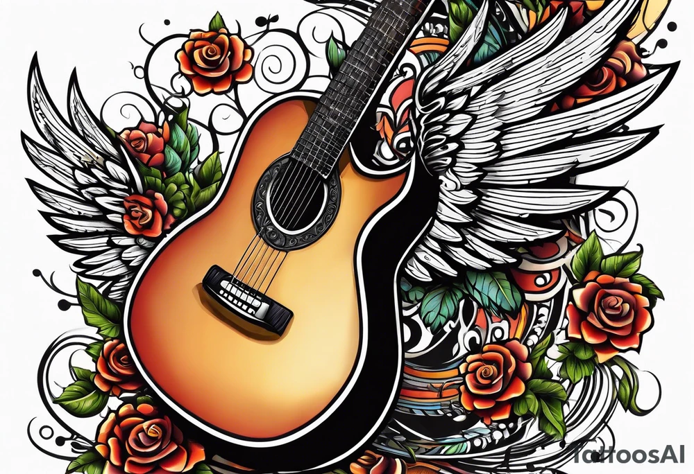 Microphone and musical notes and guitar and wings and music is medicine tattoo idea
