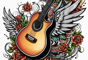 Microphone and musical notes and guitar and wings and music is medicine tattoo idea