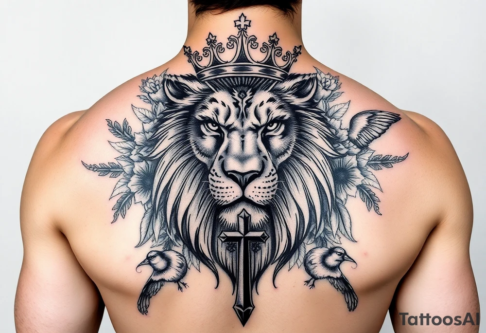 powerful majestic lion with a King crown, surrounded by floral oranaments and birds with a cross brought to backwards to seemingly fit and match tattoo idea