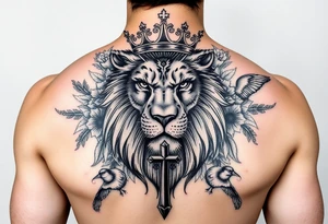 powerful majestic lion with a King crown, surrounded by floral oranaments and birds with a cross brought to backwards to seemingly fit and match tattoo idea