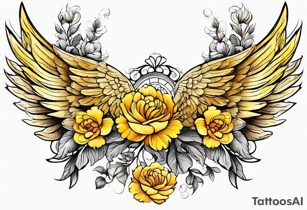 beautiful golden yellow angel wings with colorful peonies. beautiful flilligree in the background , full color tattoo idea