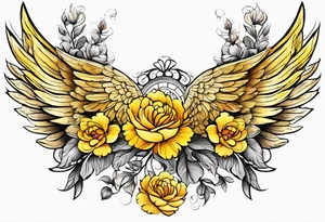 beautiful golden yellow angel wings with colorful peonies. beautiful flilligree in the background , full color tattoo idea