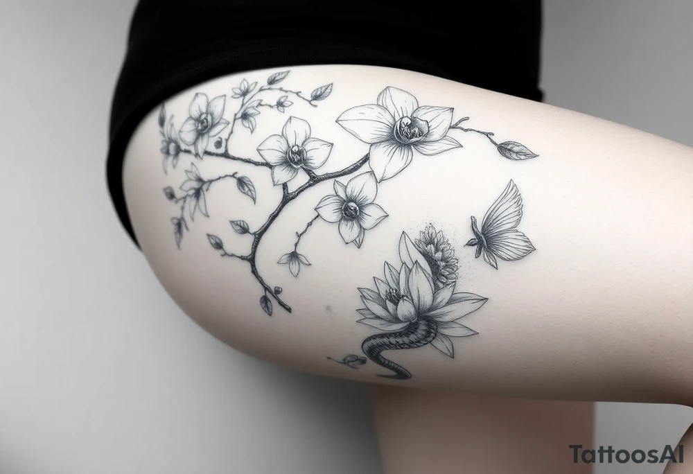 Orchid or cherry blossom tree and lotus and snake and angels on a woman tattoo idea