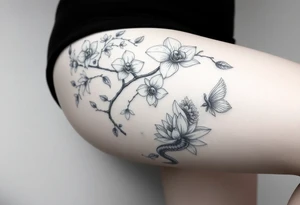 Orchid or cherry blossom tree and lotus and snake and angels on a woman tattoo idea