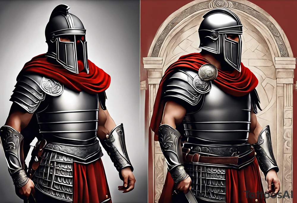 a roman soldier from AD 60, wearing armor which must include an armoured belt, breastplate, armoured shoes, shield, helmet and sword.
the soldier must look strong. the soldier is faceless. The image must include the full person, not just the top half tattoo idea