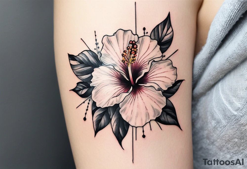 The upper arm tattoo design you are referring to features a Hibiscus flower motif. The design is minimalistic and delicate, with fine line work that highlights the natural beauty of the Hibiscus. The petals are soft and open, capturing the organic flow of the flower. The lines extending from the flower give a sense of movement, almost as if the flower is blooming or swaying gently. 

This tattoo seems to be placed in a way that contours naturally along the upper arm, following the curve of the shoulder. The simplicity of the design, with its thin lines and subtle details, makes it a graceful and elegant piece. The Hibiscus flower itself is often a symbol of beauty, femininity, and grace, which is reflected in the overall aesthetic of the tattoo. 

The style of the tattoo fits well with those who prefer understated, nature-inspired designs that blend seamlessly with the flow of the body. tattoo idea