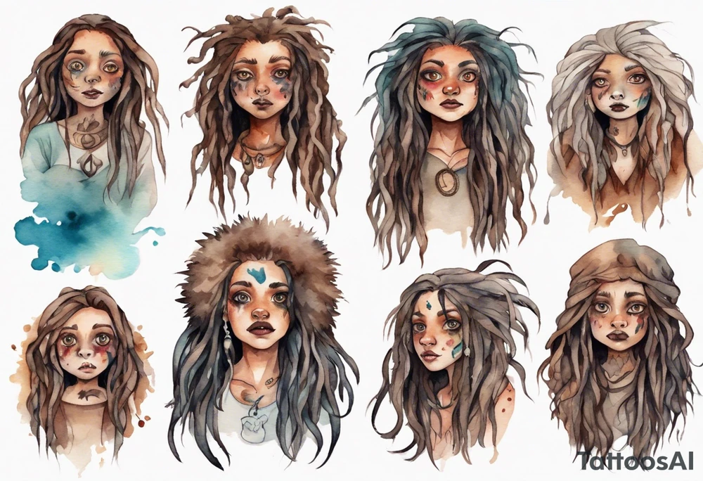 a mole woman with large eyes pale fur and messy brown dreadlocks tattoo idea
