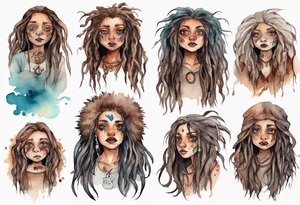 a mole woman with large eyes pale fur and messy brown dreadlocks tattoo idea