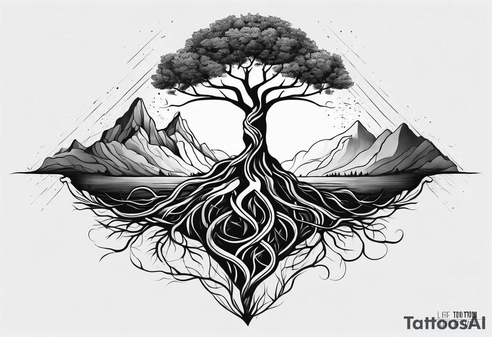 A tree growing from roots within body, with branches reaching outward with the text "life comes from you not at you" tattoo idea