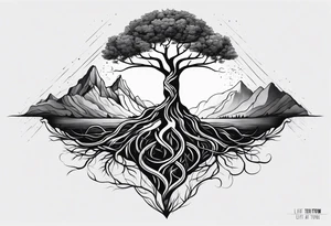 A tree growing from roots within body, with branches reaching outward with the text "life comes from you not at you" tattoo idea