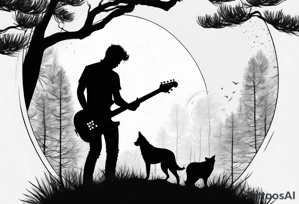 silhouette of a man standing under a pine tree playing electric guitar tattoo idea