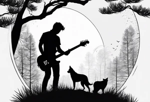 silhouette of a man standing under a pine tree playing electric guitar tattoo idea